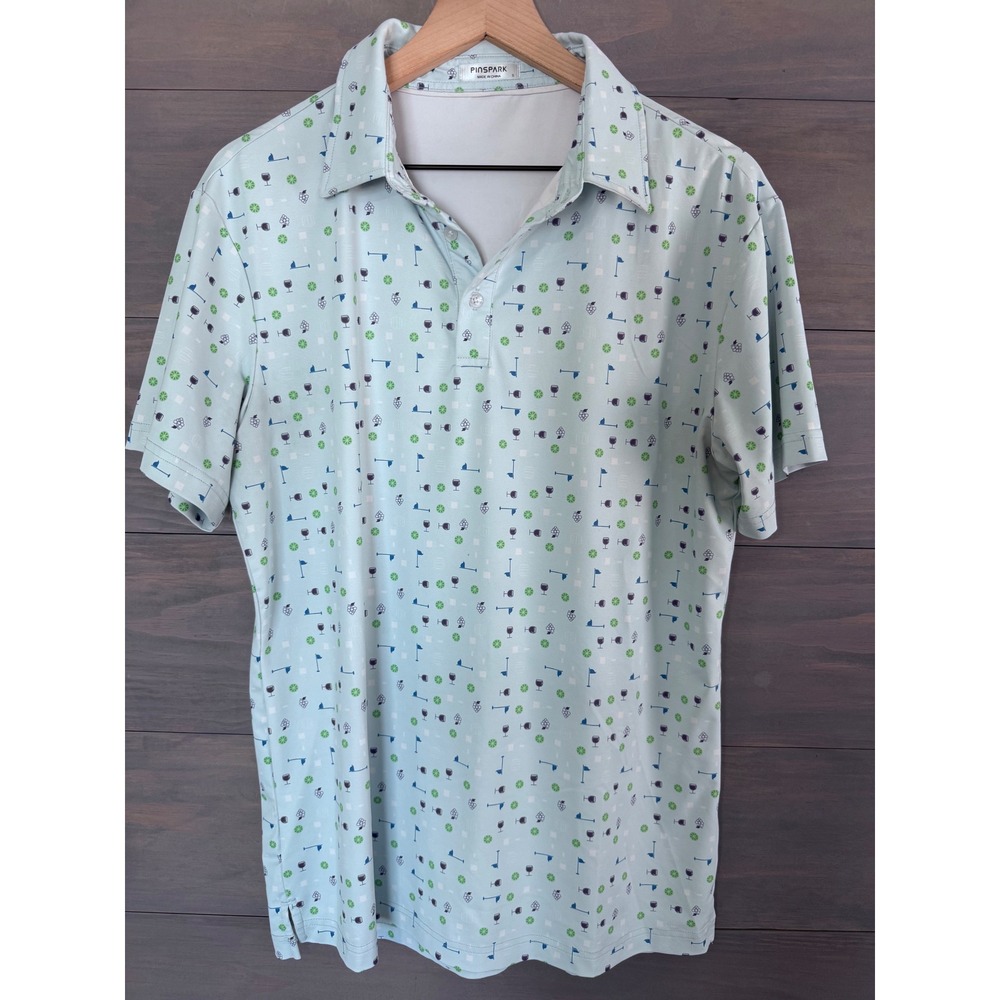 Pinspark Mens Golf Polo Shirt Blue Novelty Wine Grapes Lime Print Size Small